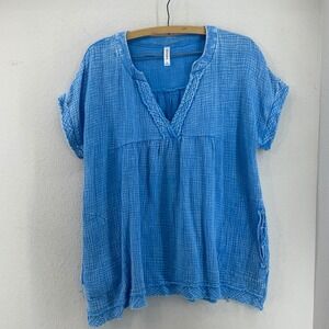 ZENANA Blue Gauze Tunic Top Shirt V Neck Pockets L Lagenlook Raw Hem